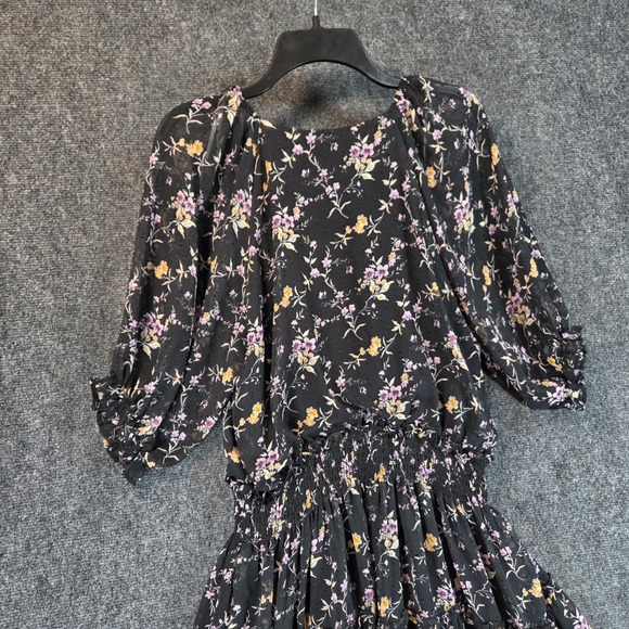 Lulus Floral Clip Dot Smocked Tiered Mini Dress XL Black Puff Sleeve Chiffon - Picture 12 of 16